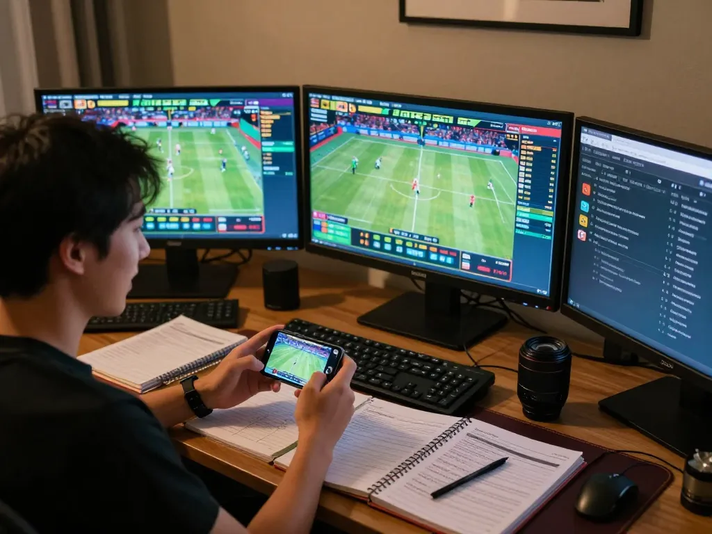 Bong88 user engaging with mobile sports betting app, excitedly checking live odds in a cozy home setting.