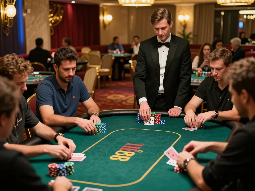 Players strategizing their moves during a poker game at LU88 casino, showcasing an exciting gambling environment