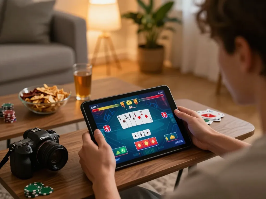 Engaging in online gaming with the fun79 login interface displayed on tablet, showcasing a cozy home atmosphere.