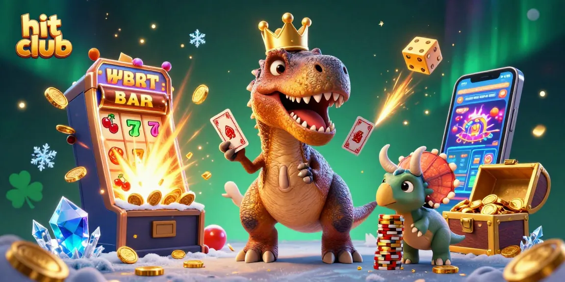 Win big at hit club with a 3D cartoon dinosaur-themed casino scene featuring vibrant games and golden treasures.
