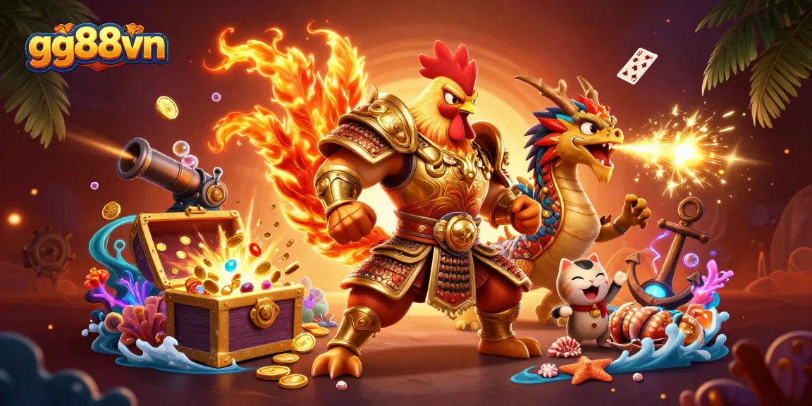 Experience the thrill of gg88vn with a powerful fighting rooster and dragon hatchling amid cascading treasures.
