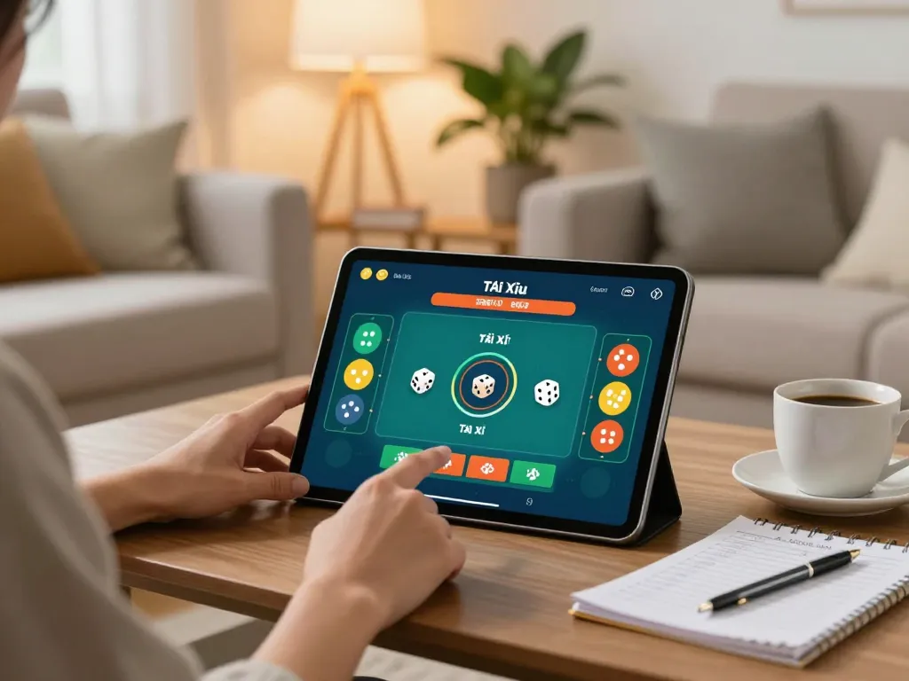 Engaging with app tài xỉu online at home, strategizing with notes and warm ambiance.