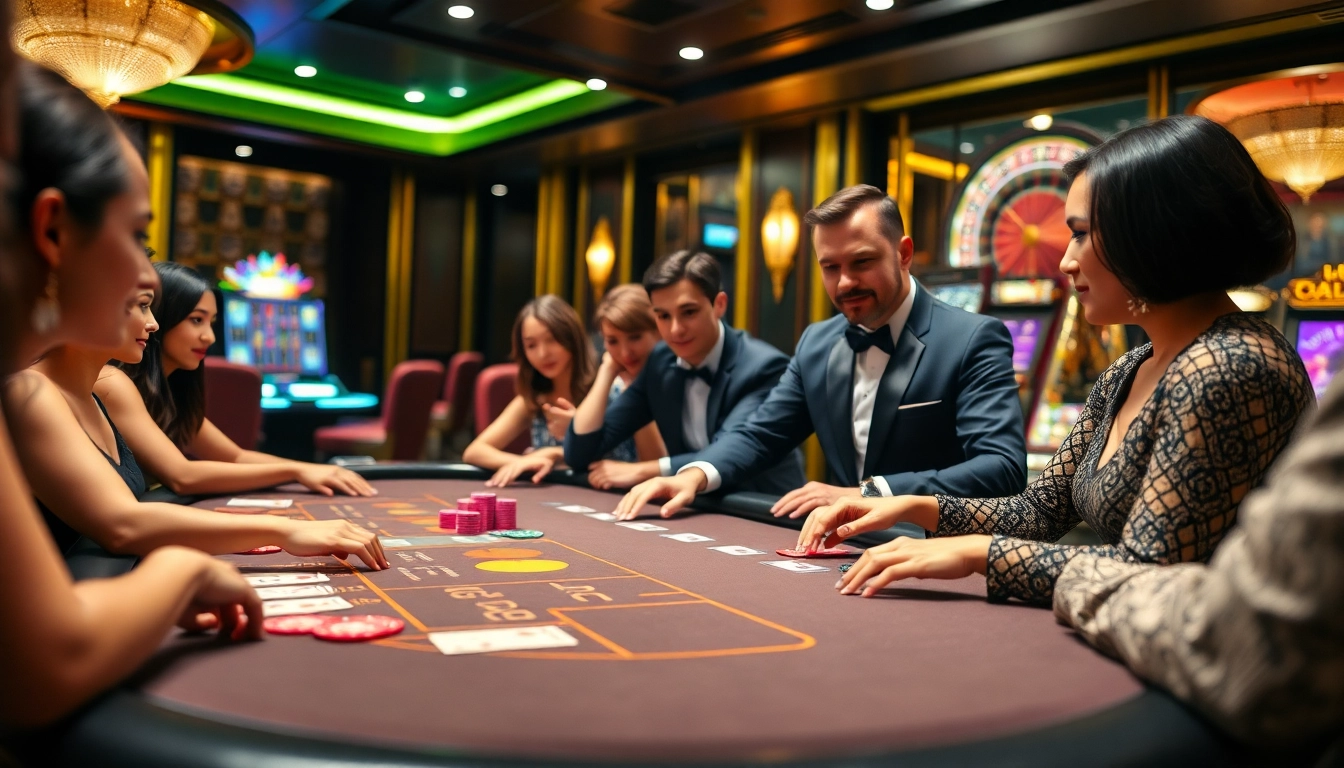 Gamblers enjoying a thrilling game at Lode88's luxurious casino table, with vibrant chips and atmosphere.
