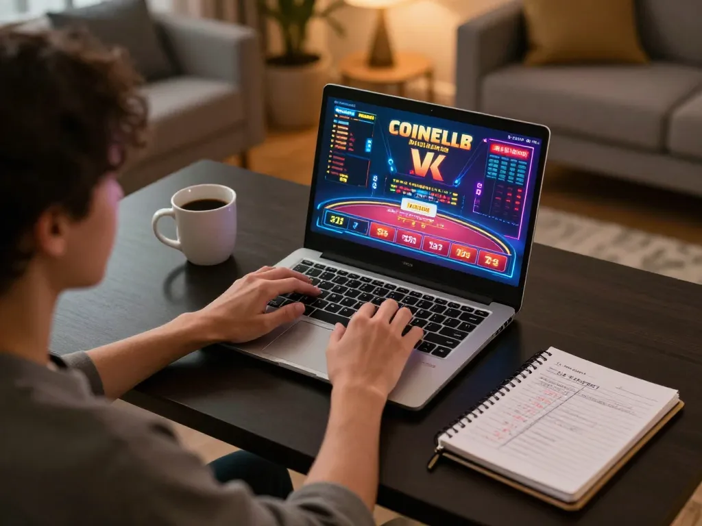 Engaged player enjoying HELLO88 online casino experience on a laptop, showcasing a strategic gaming environment.