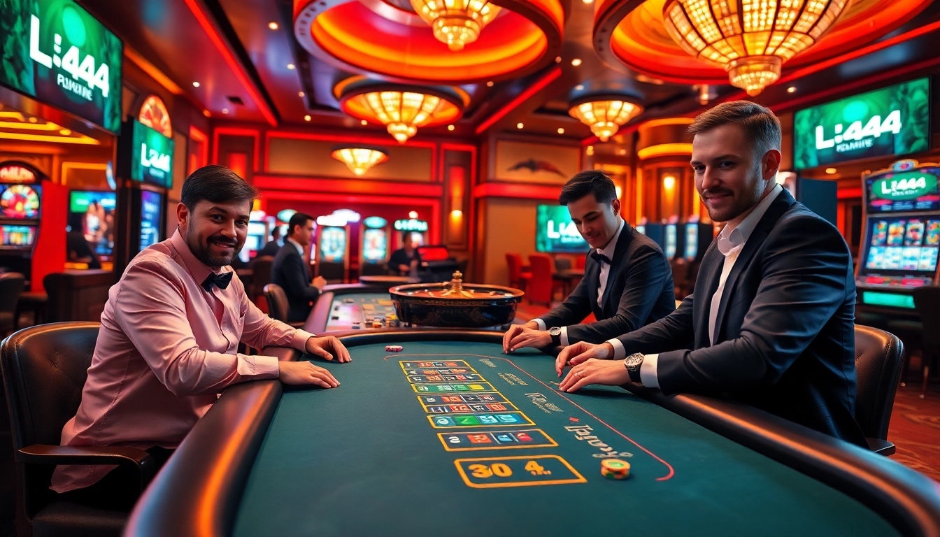 L444 players engaging in lively casino action at poker and roulette tables, showcasing vibrant gambling entertainment.