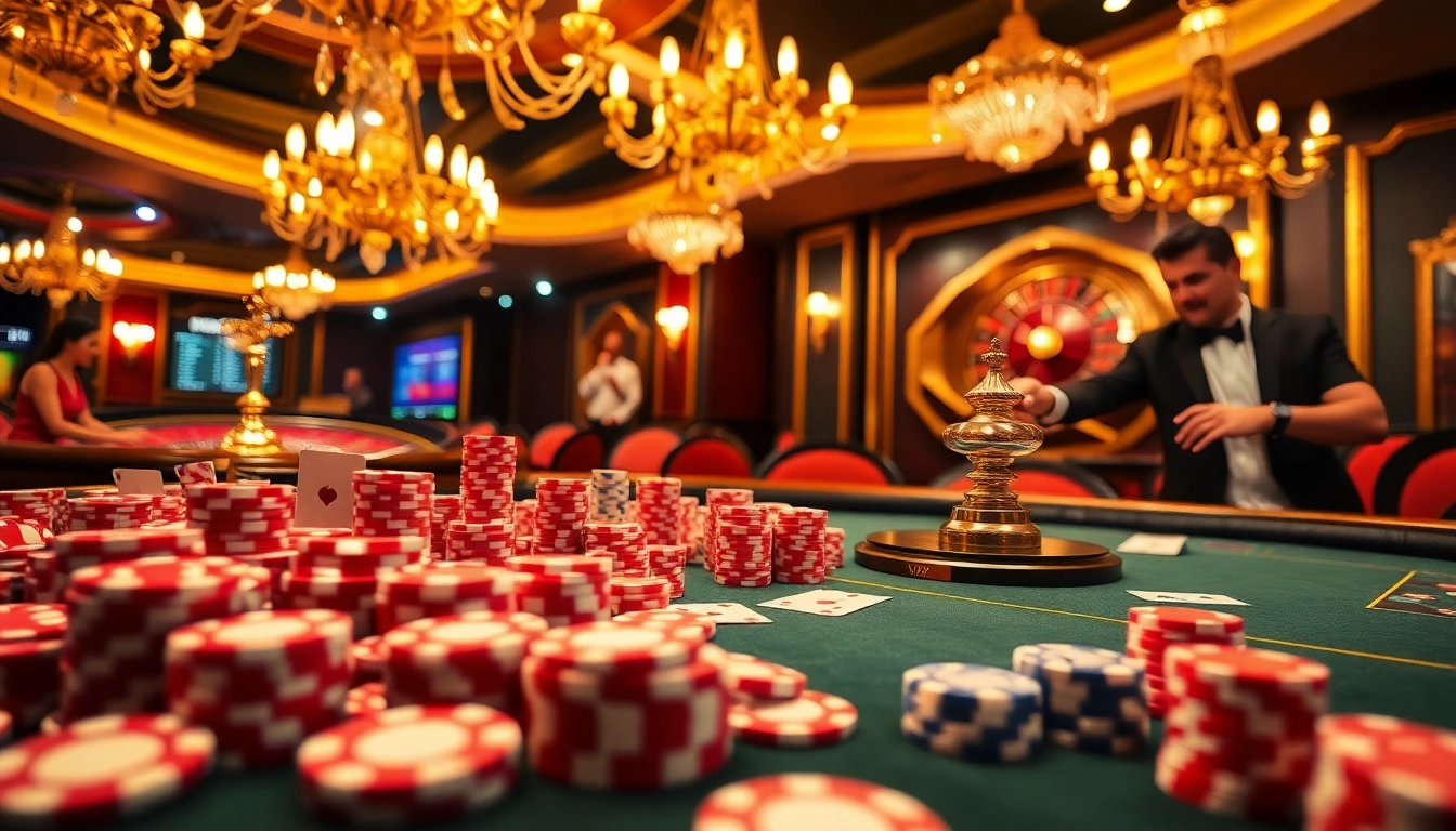 Experience thrilling gameplay at https://sunwin5.org/ with vibrant poker chips and cards in a luxurious casino setting.
