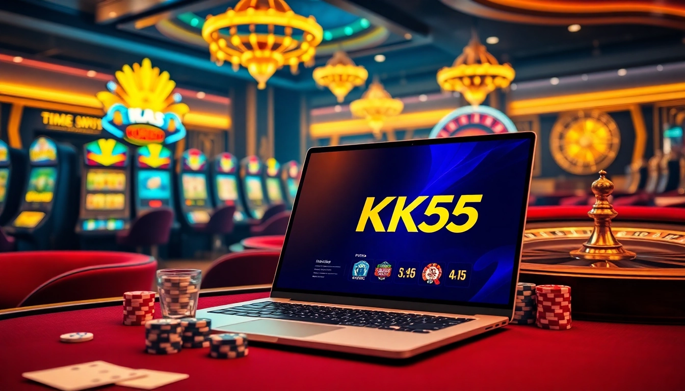Experience thrilling gaming at KK55 with vibrant slot machines and roulette tables.