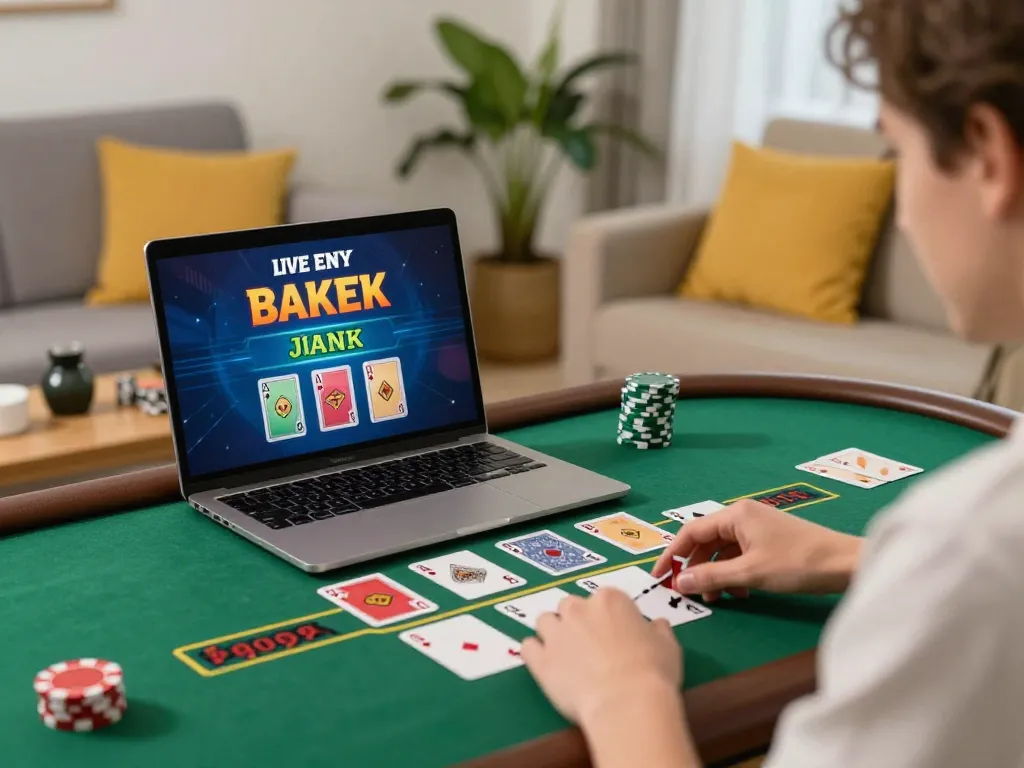 GG88 player winning in live dealer blackjack on laptop at home, showcasing cozy gaming atmosphere.