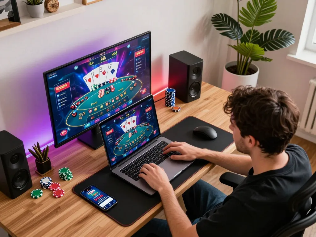Engaging in okking online casino gaming with stylish setup and vibrant atmosphere