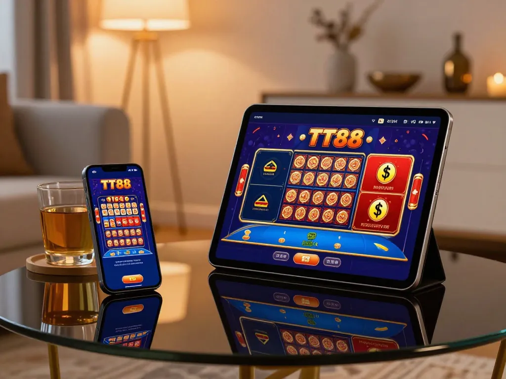 TT88 casino app displayed on smartphone with vibrant online gaming interface and cozy home setting.