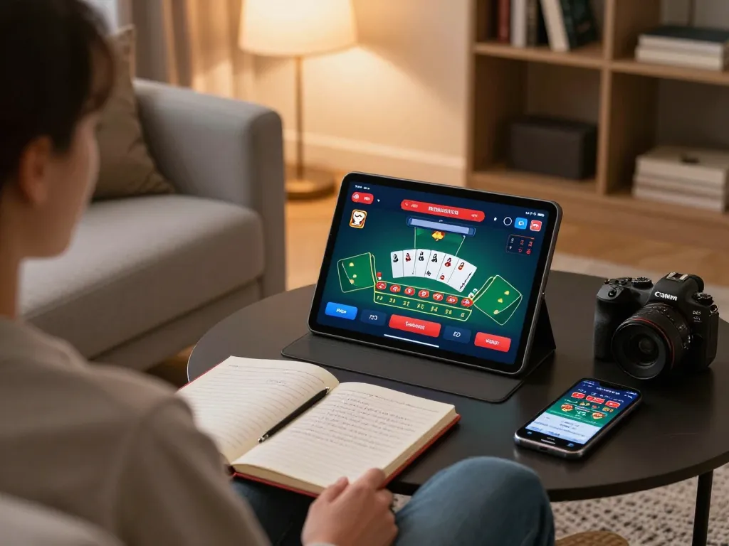 Engaging home gaming scene with uu88 tablet gameplay showcasing strategic betting in blackjack.