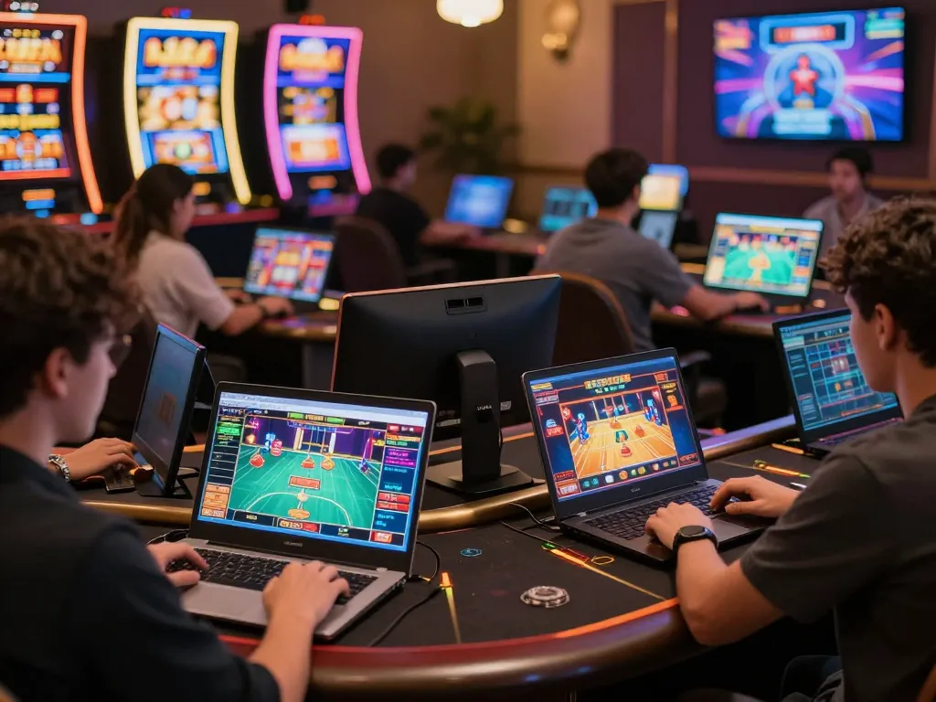 Players enjoying online casino games at kp88, capturing excitement and strategic gameplay in a professional environment.