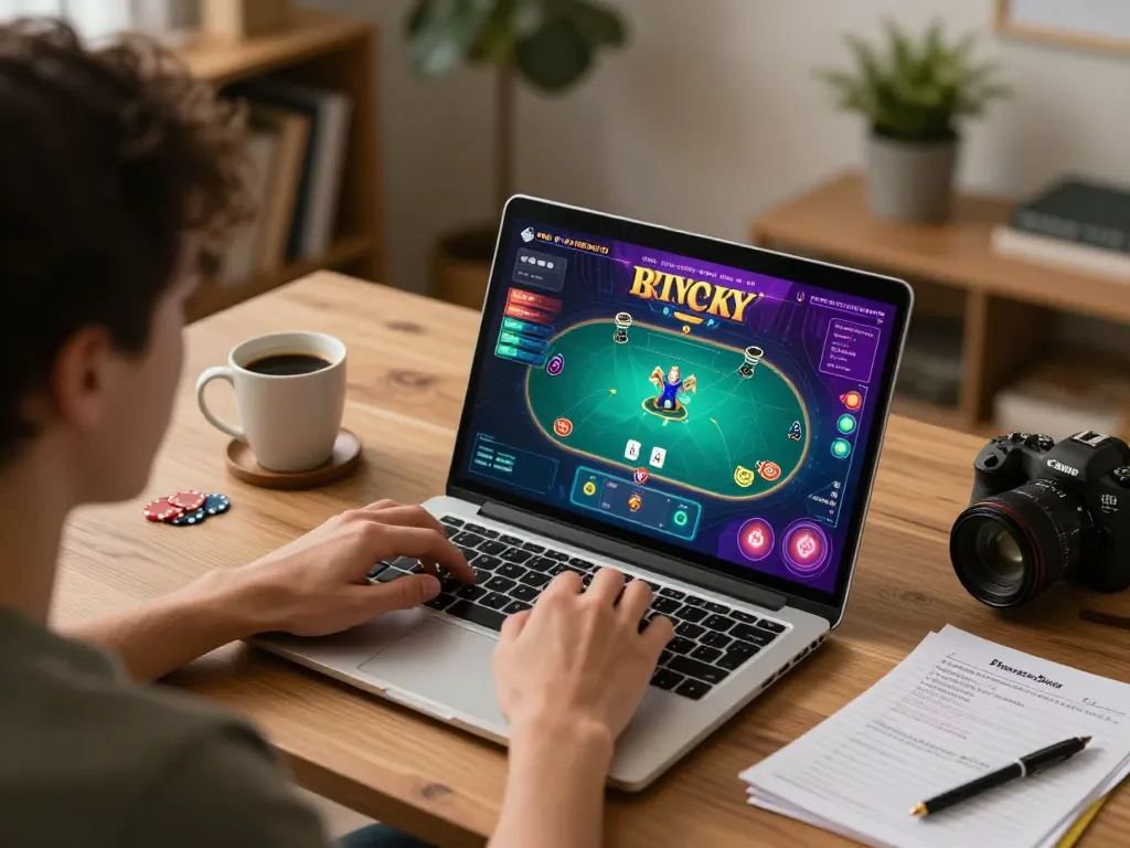 Engaging poker gameplay on vvvwin app through laptop in cozy home setting