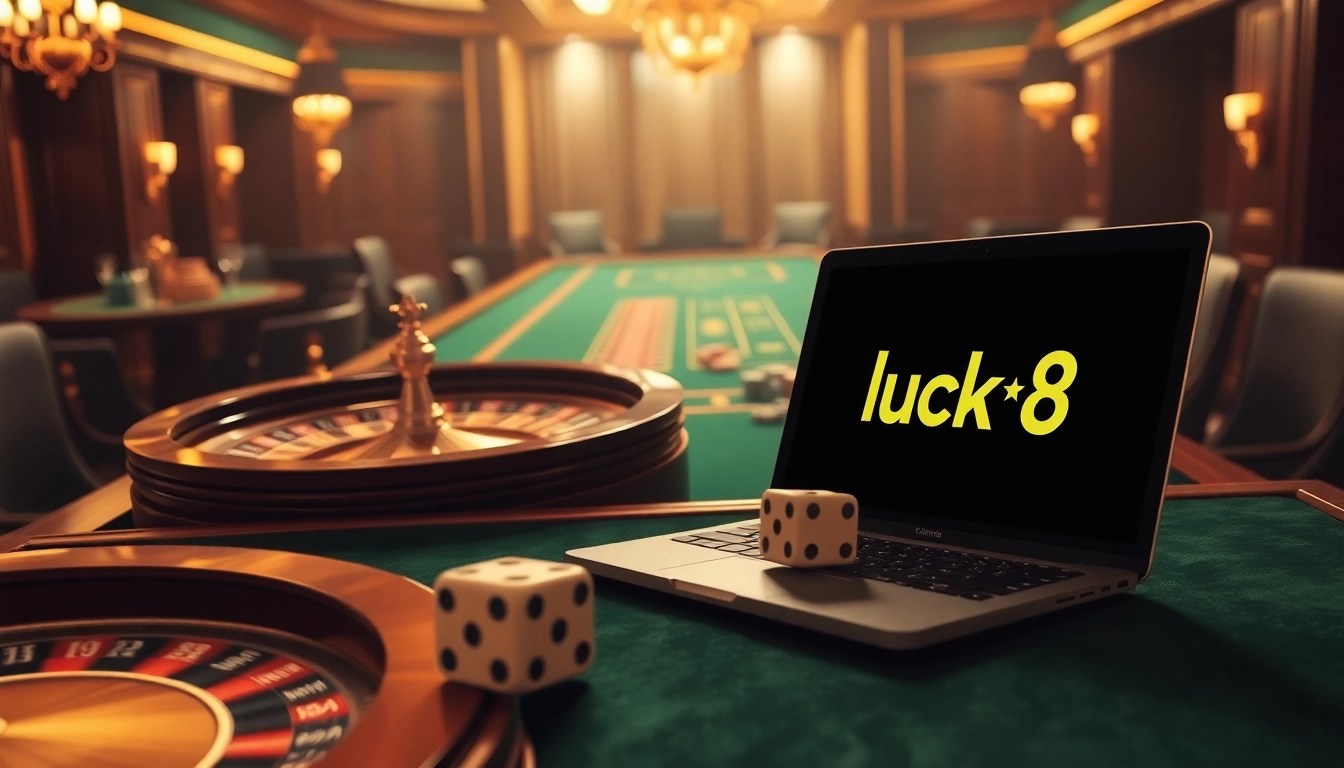 Experience high-stakes gambling at luck8 with lavish casino tables, roulette wheels, and vibrant chips.