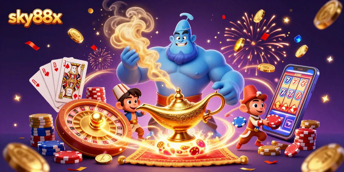 Engage with sky88x and enjoy thrilling casino action featuring a genie and poker chips.