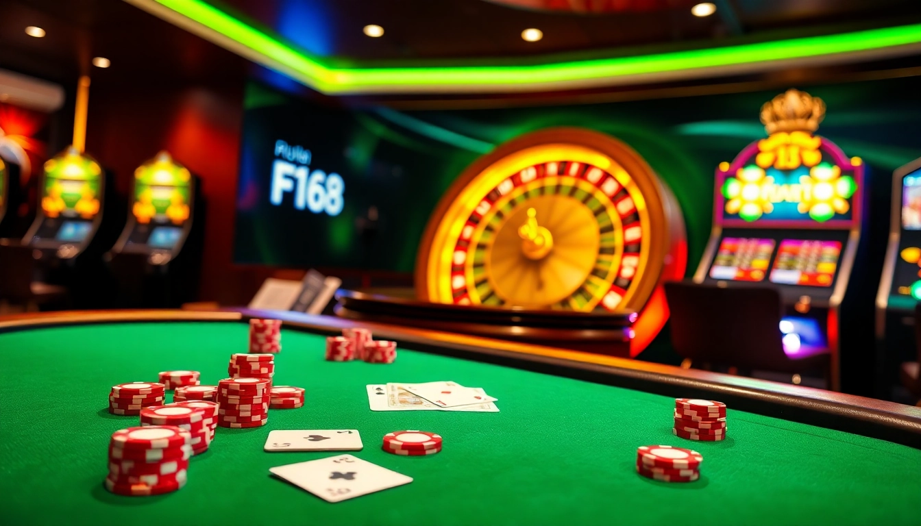 Experience thrilling games at F168, showcasing a luxurious poker table and vibrant roulette wheel.