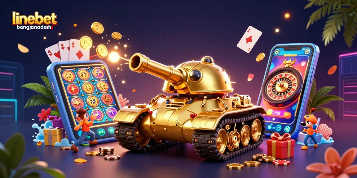 Experience thrilling gaming action with linebetbangladesh showcasing an immersive casino miniature inside a golden tank.