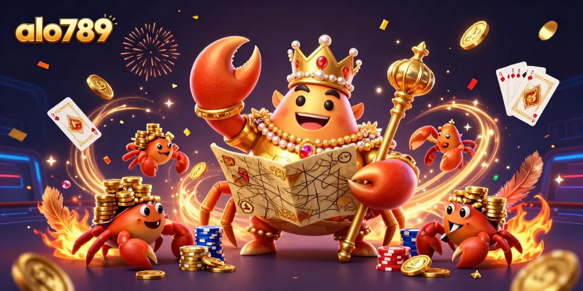 Alo789 showcases an energetic golden crab emperor in a dynamic cockfighting scene with vibrant poker chips.