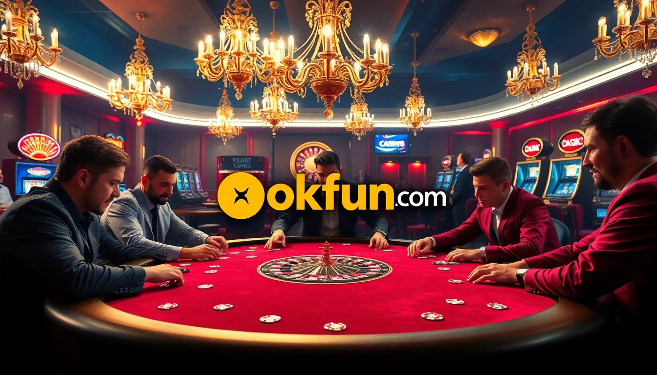 Engaged players at a poker table at okfun com, showcasing excitement in a luxurious casino.