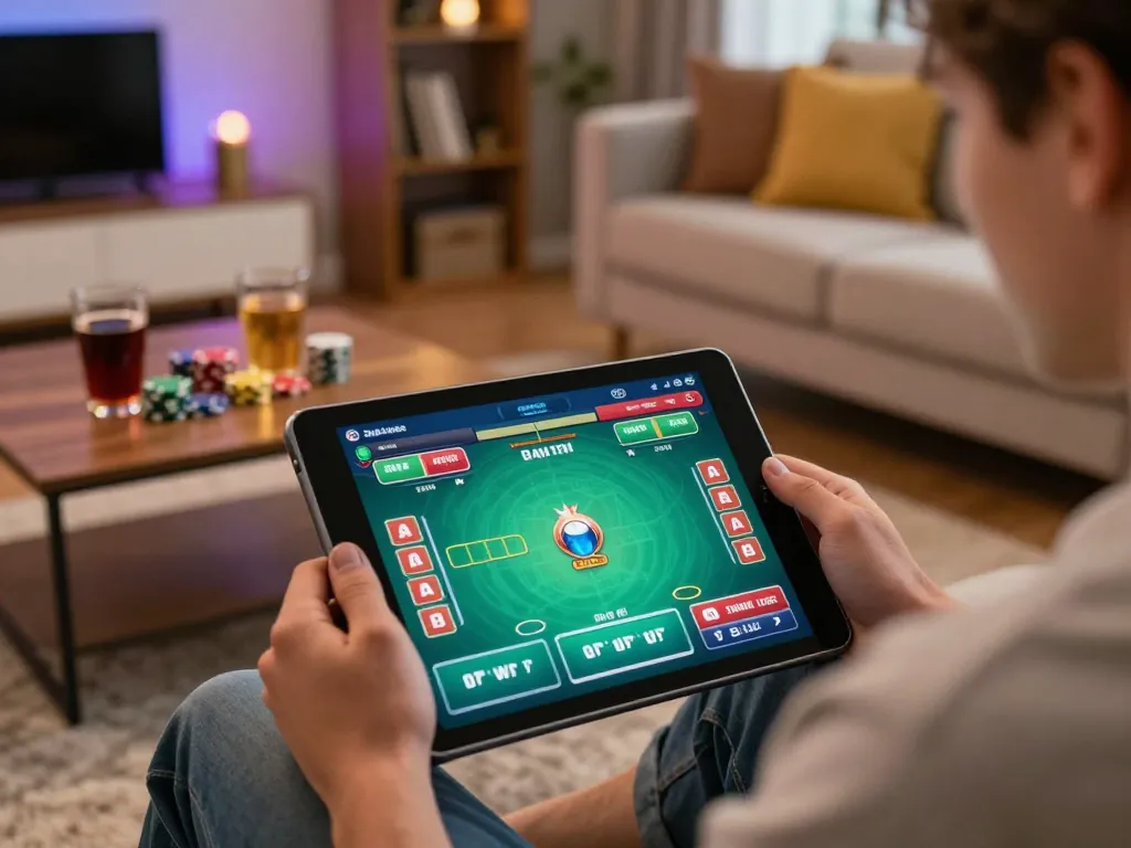 Engaging player at luckywin com enjoying an online poker game on a tablet in a cozy home setting.