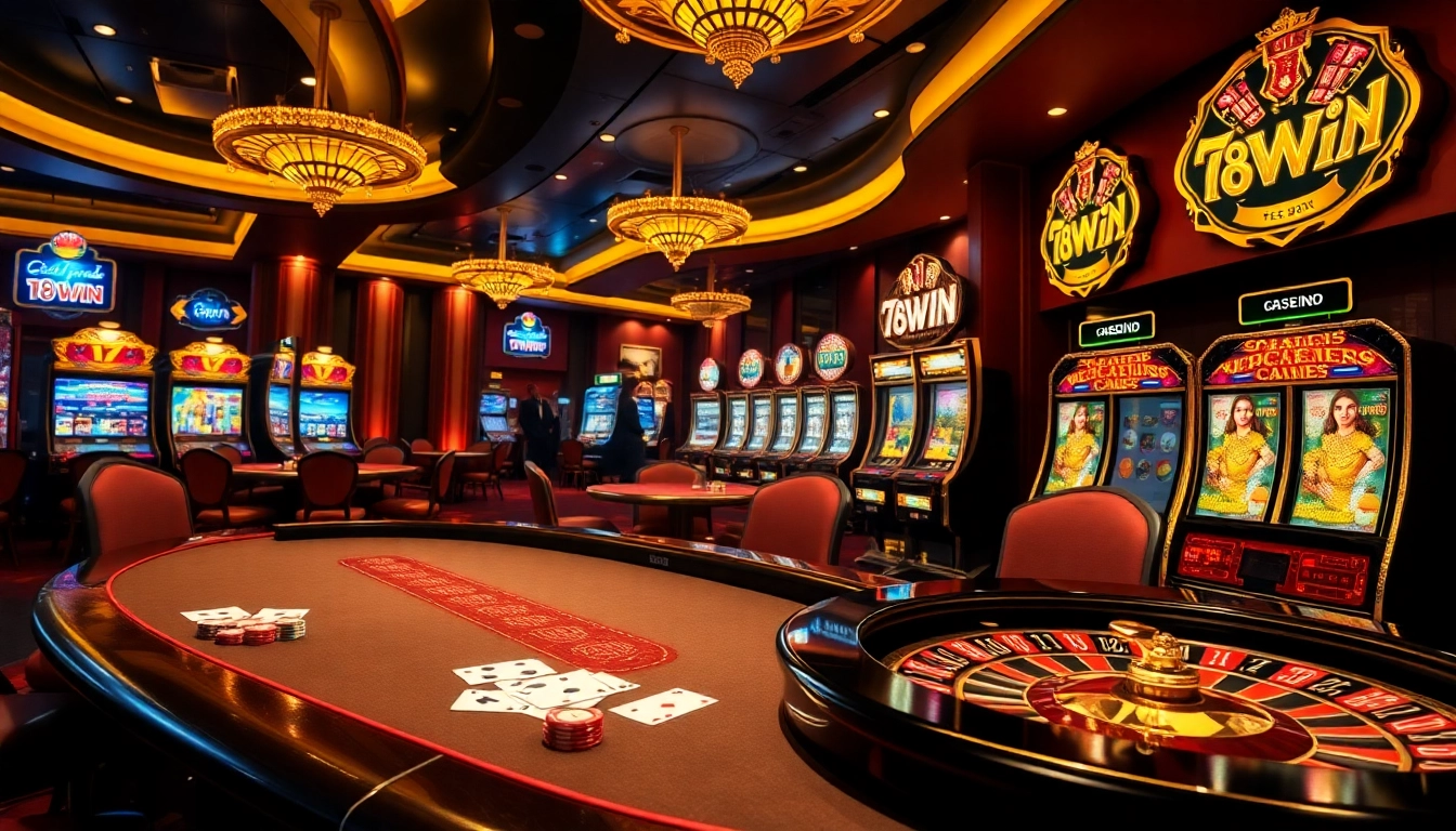 Experience thrilling gameplay at 78WIN with vibrant casino elements, including poker and roulette.