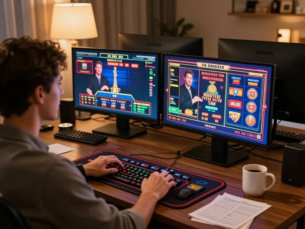 Player engaging with king88 online casino games on multiple screens in a cozy home atmosphere