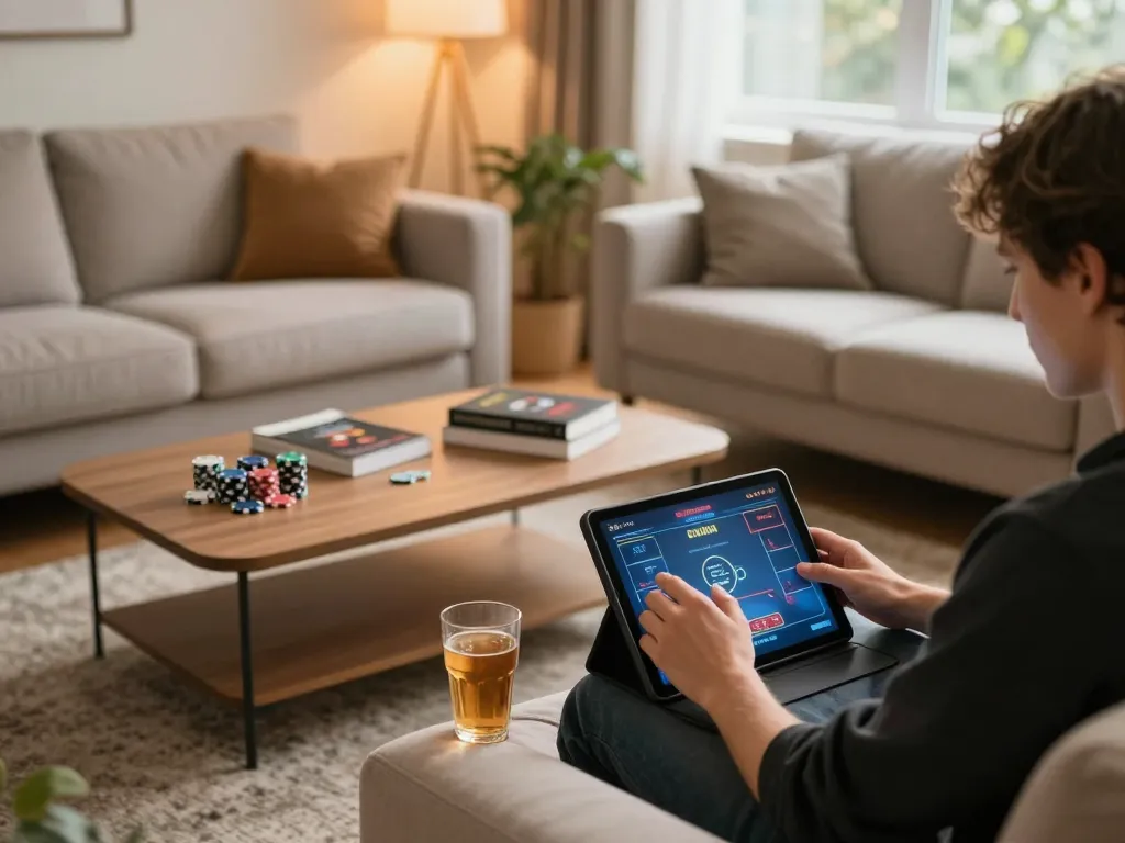 Tr88 player engaging with online poker game on tablet in cozy home setup, chips nearby, focused atmosphere.