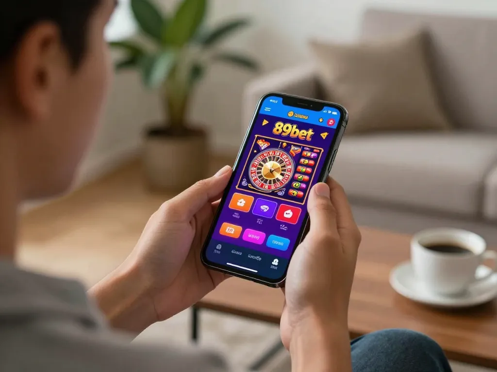 Engaging with 89bet casino app on smartphone amidst cozy home atmosphere