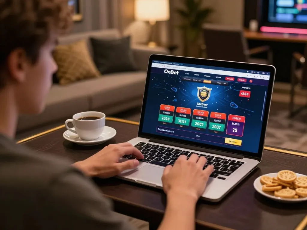 Player making strategic bets on OnBet's online gaming platform in a cozy home setting.