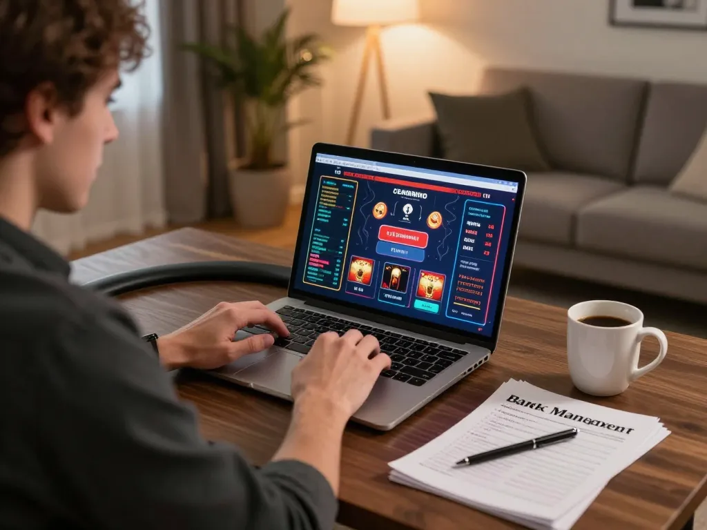 Engaged player enjoying Nhà cái Bom88's live dealer game on a laptop, illustrating online gambling excitement.