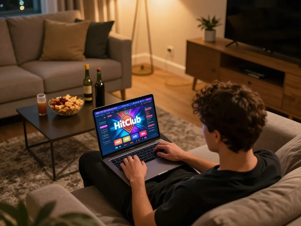 Hitclub online gaming experience with person enjoying laptop casino session at home with snacks and drinks
