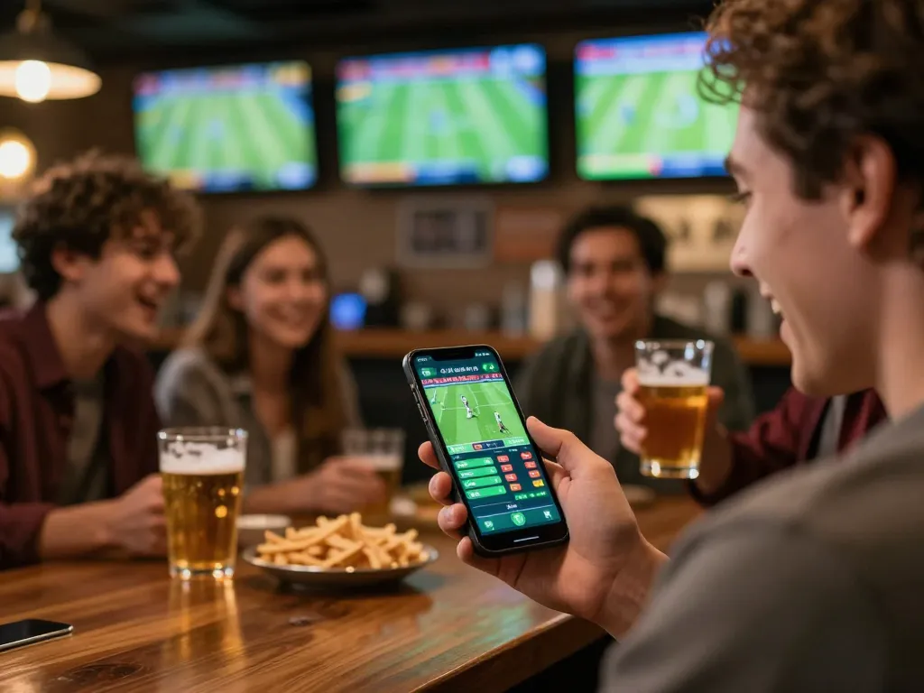 Engaging with kèo bóng đá hôm nay on a smartphone at a social sports bar, showcasing dynamic betting action.