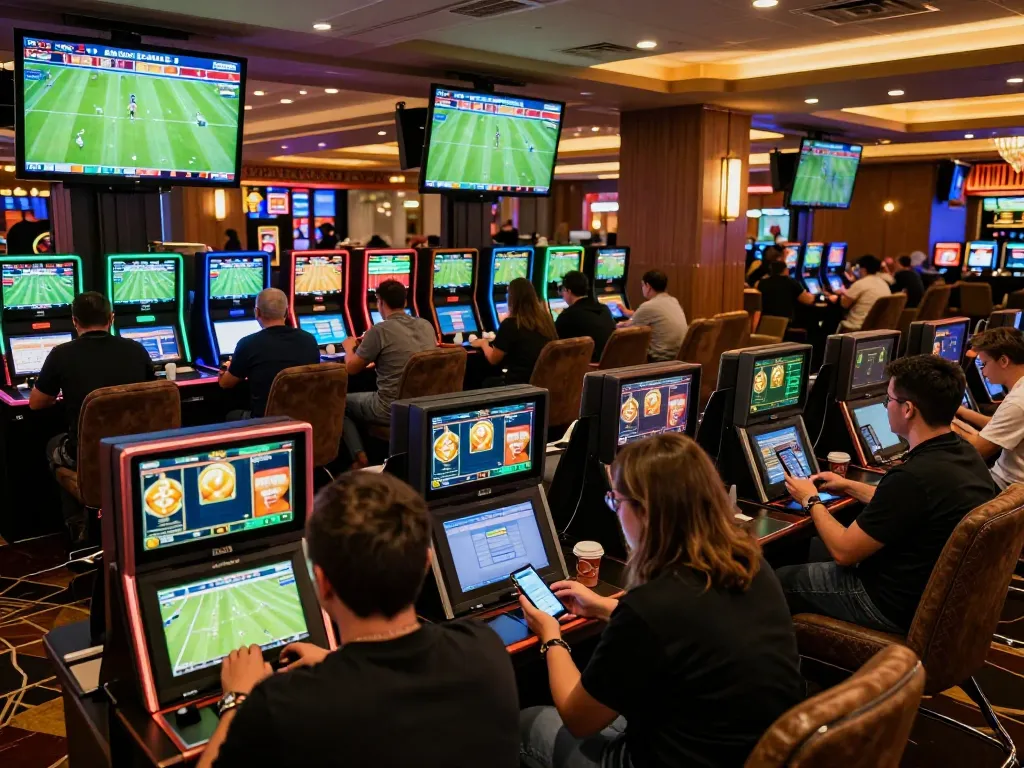 Engaged sports bettors reviewing kết quả bóng đá on tablets in a vibrant casino setting.