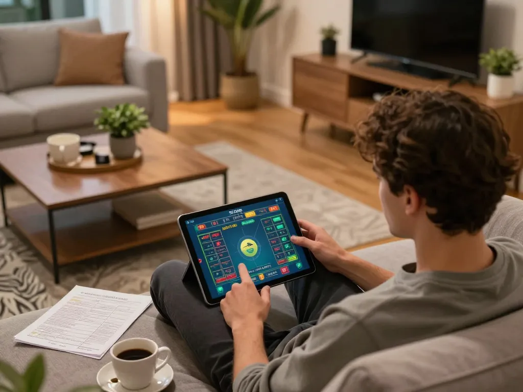 Playing tài xỉu online on a tablet in a cozy living room with strategic betting notes.