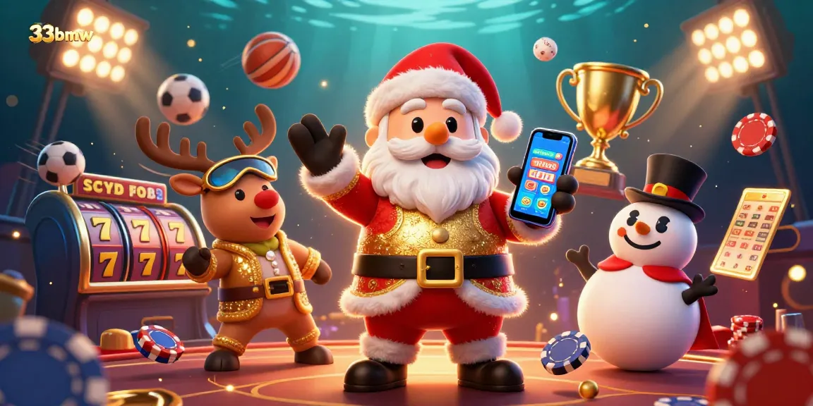 Experience winning thrills at 33bmw with a festive Santa and friends in a dynamic casino scene.