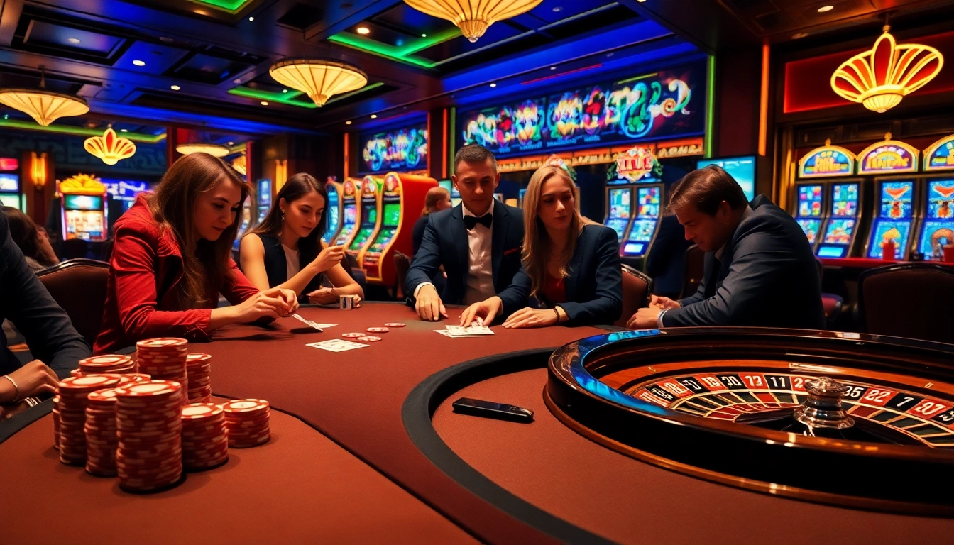 Players engage in high-stakes gambling at the luxurious XX88 casino, featuring tables and vibrant slot machines.