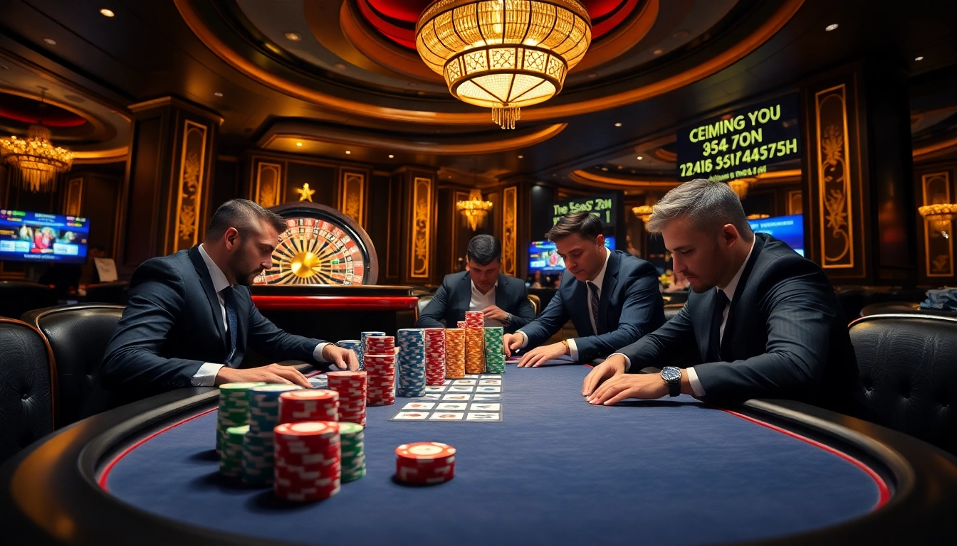 Intense poker action at 98win casino table showcasing vibrant chips and cards.