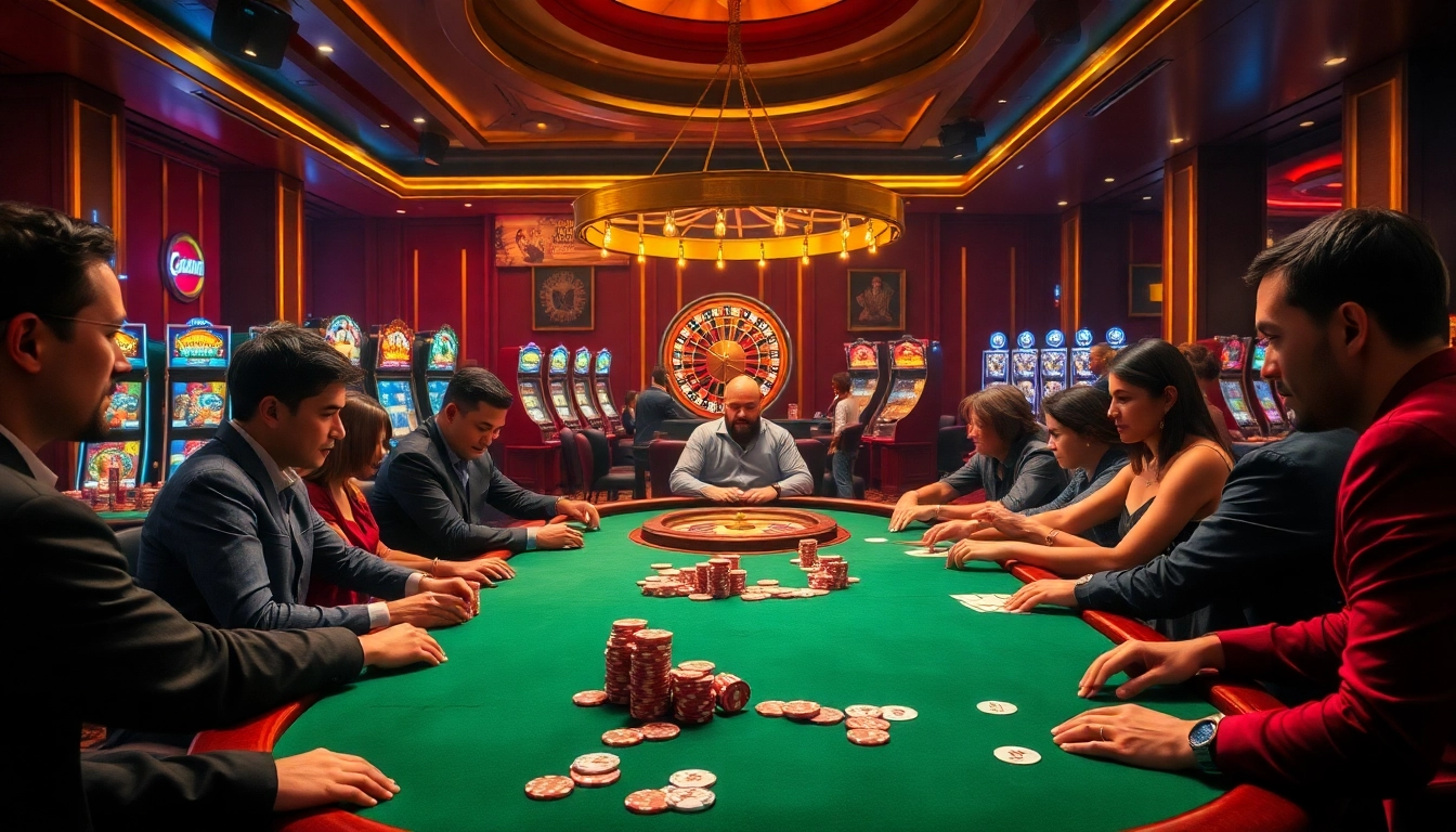 Players enjoy an exciting game at 88vv.jpn.com's luxurious poker table amid a vibrant casino atmosphere.
