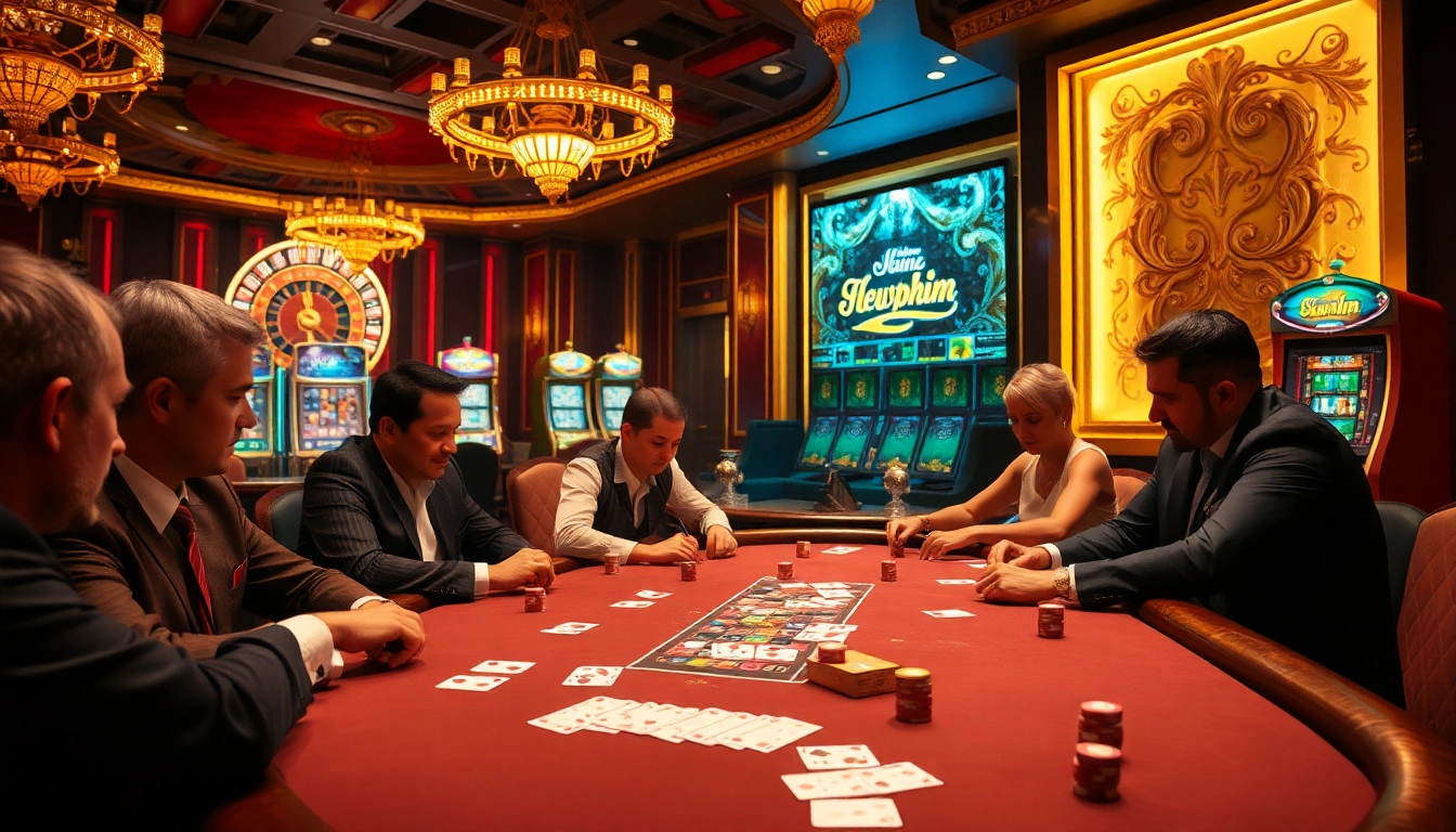 A lively casino environment showcasing intense poker action, highlighting newphim with immersive gambling elements.