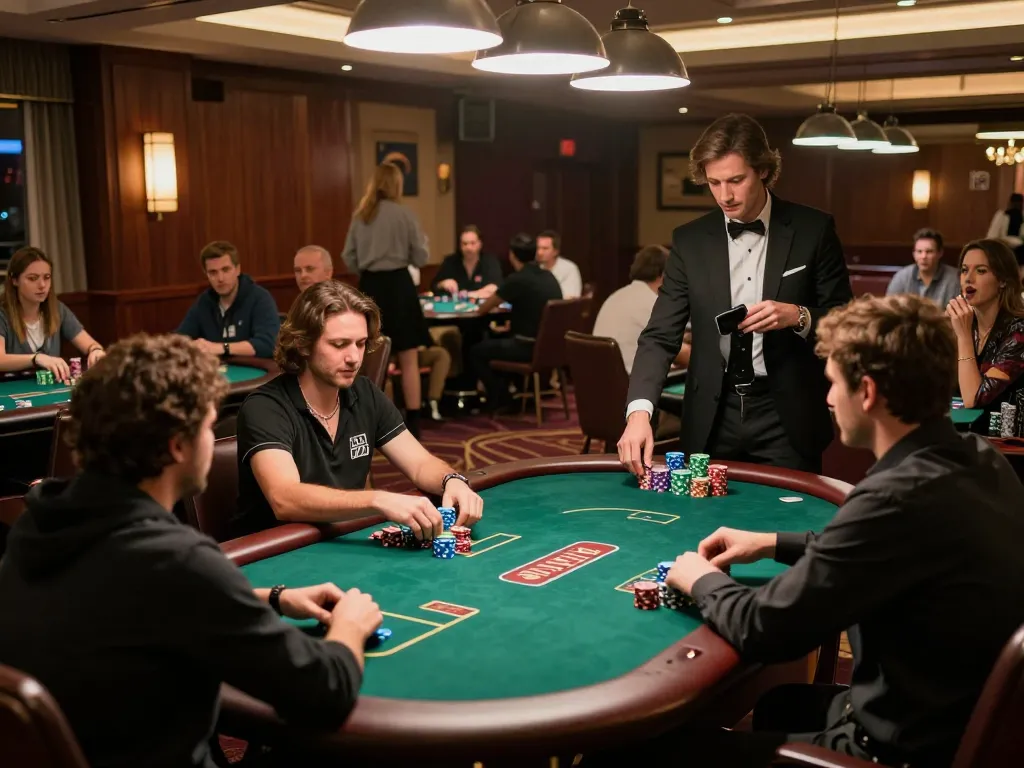 Players strategizing during a high-stakes poker game at an NK88 casino, vibrant atmosphere enhancing the excitement.