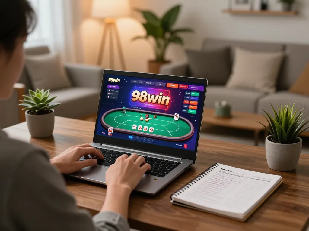 98win user engaging in online casino gaming from cozy home setup.
