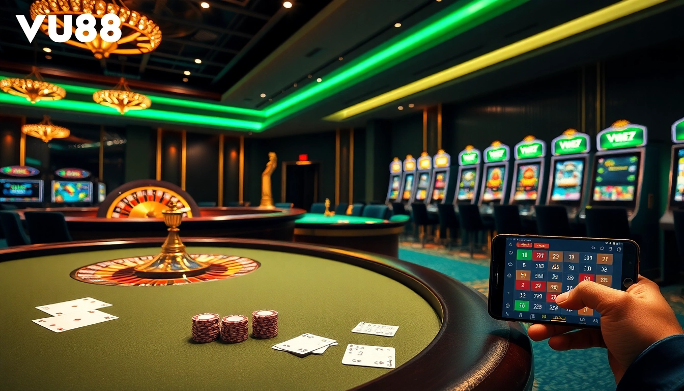 Experience high-stakes gambling action with VU88 at an elegant casino table featuring poker chips and cards.