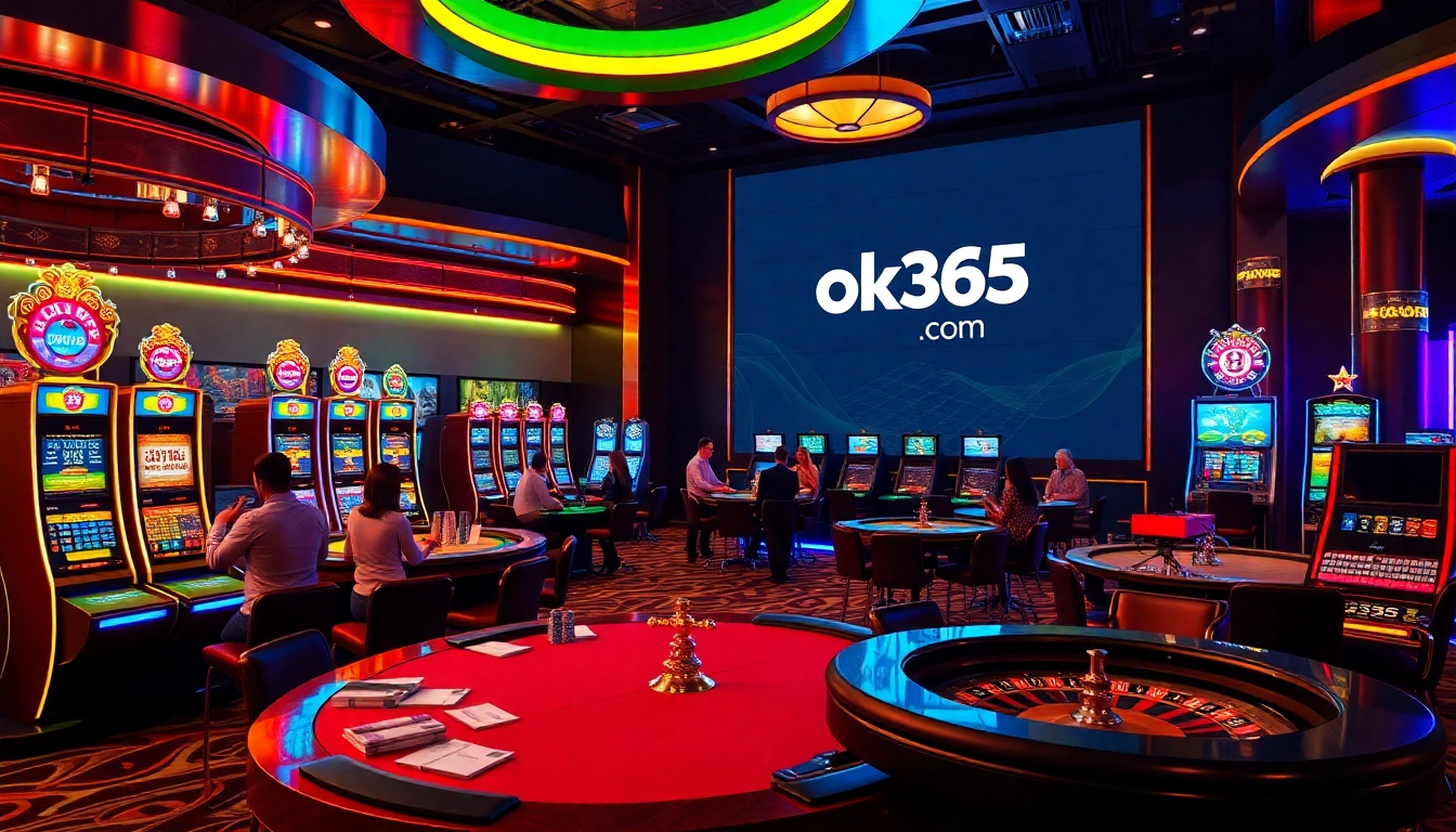 Players enjoying games at ok365 com casino, featuring vibrant slots and poker tables.