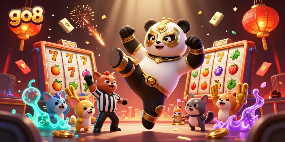 Experience the thrill at go8 with a lively casino scene featuring a panda wrestler in action