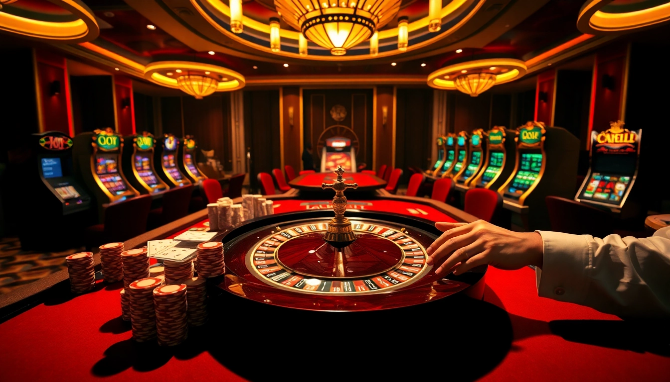 Experience the thrill of kèo nhà cái action in a vibrant casino setting with poker chips and roulette wheel.