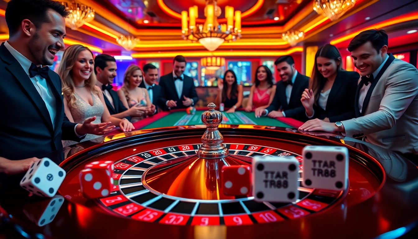 Gambling excitement with TR88 poker chips and dice at a vibrant casino scene.