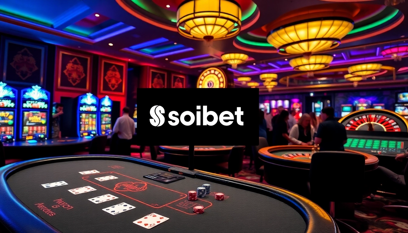 Exciting casino scene showcasing Soibet's dynamic gaming atmosphere with vibrant roulette and blackjack tables.