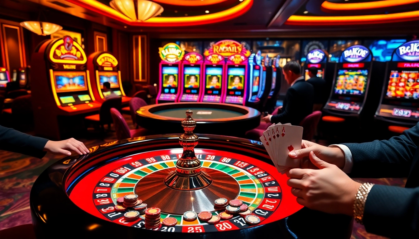 Immerse yourself in the LuckyWin casino experience with vibrant roulette tables and captivating slot machines.
