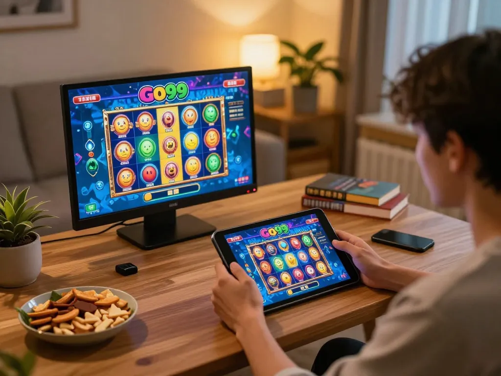 Person playing Go99 slots on tablet in a cozy home setting with vibrant graphics.