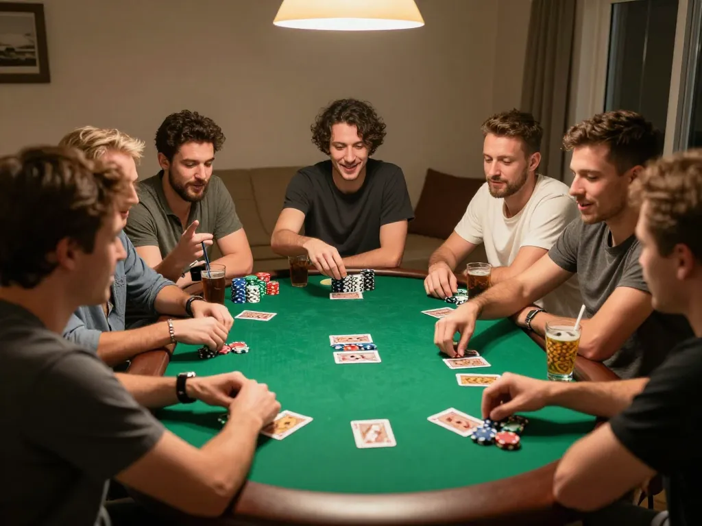 X88 players engaging in an exciting home poker night with cards and chips at the table